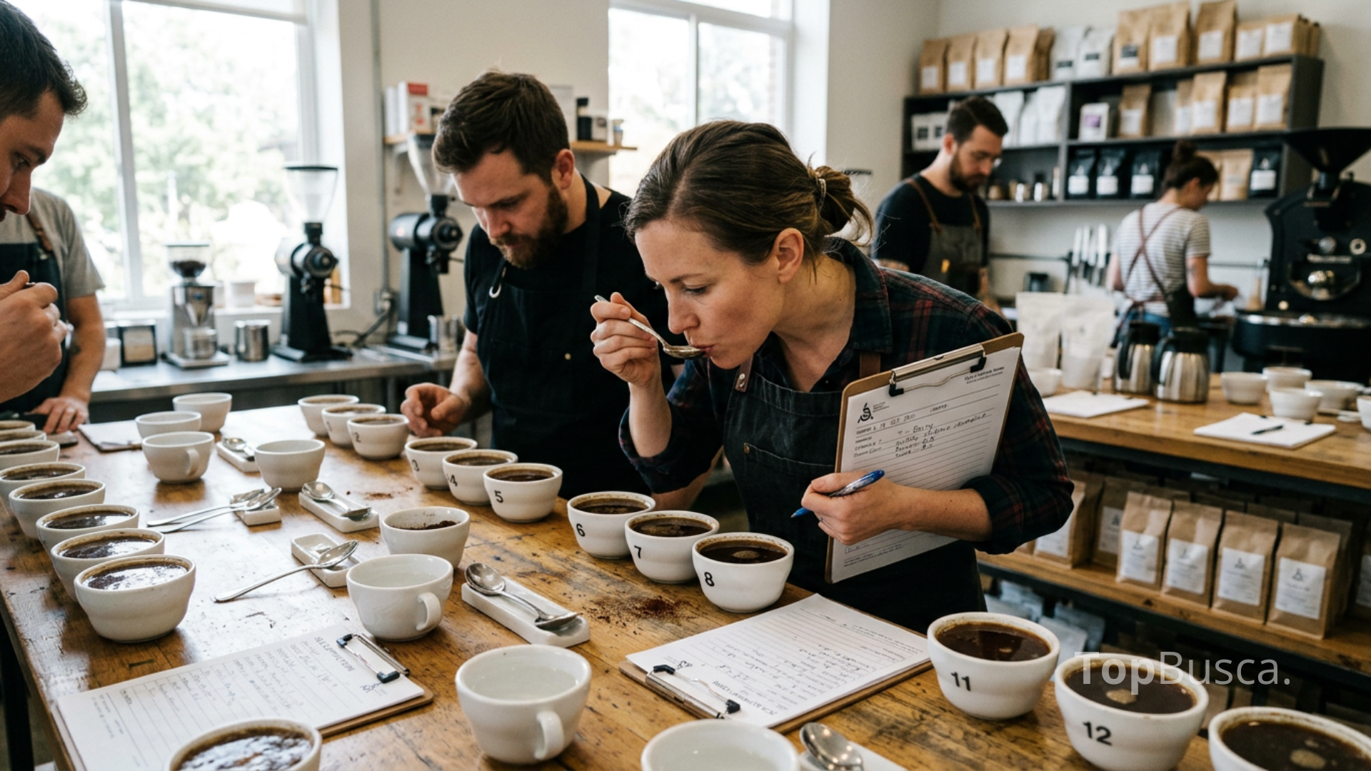 Sessão profissional de cupping de café especial com baristas realizando análise sensorial. Mesa de madeira com xícaras brancas numeradas de 1 a 12 contendo amostras de café, formulários de avaliação SCA com anotações manuscritas, e colheres de cupping. Barista em primeiro plano degustando café e preenchendo ficha técnica de avaliação em laboratório de café especializado com iluminação natural.